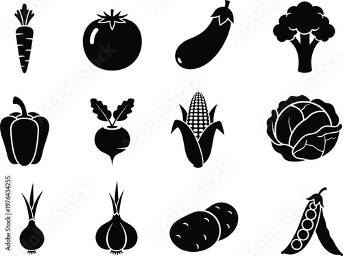Set of black vegetable icons on white background for healthy eating design  