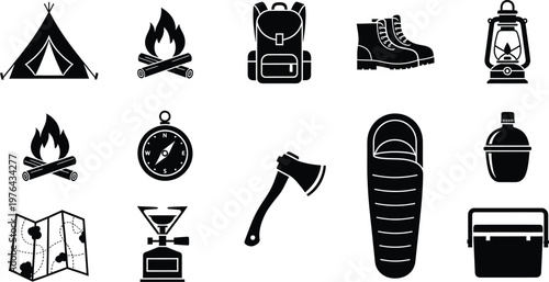 Flat design camping and survival essentials icons set on white background  