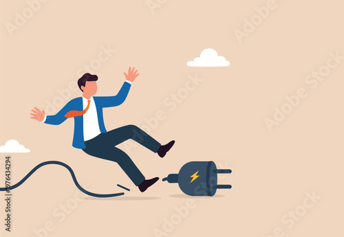 Failure or mistake, accident or surprise problem that impact business concept, clumsy businessman stumble with power cable electric plug falling on the floor