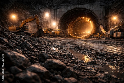 Tunnel construction, lighting infrastructure, excavator, and truck working together