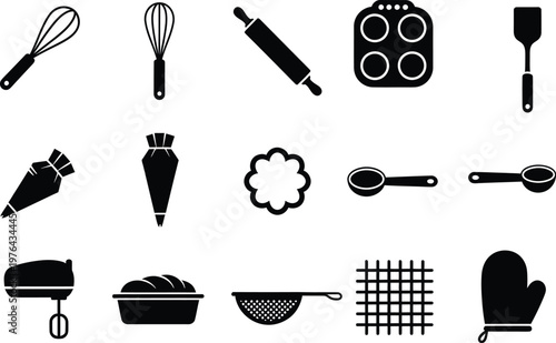 Black and white kitchen utensils and cooking tools flat lay icon set  