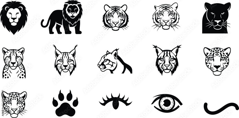 Fototapeta premium Collection of wild animal face icons in flat vector style for design projects 