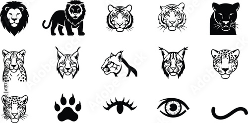 Collection of wild animal face icons in flat vector style for design projects  