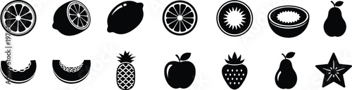 Set of black fruit and vegetable icons on white background for healthy eating
