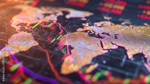Global financial market map with glowing stock trading charts and data analysis on dark