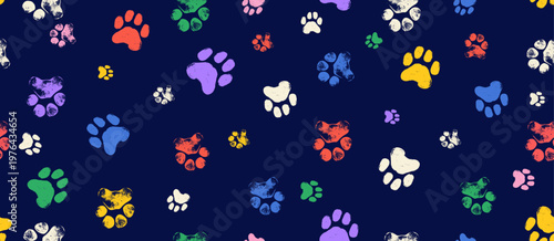 Colored seamless pattern of footstep cat paws, cat, dog foot, animal. Animal step texture. Bear, panda, tiger grunge stamp repeat foot track wallpaper. Cartoon monochrome paw print seamless pattern.