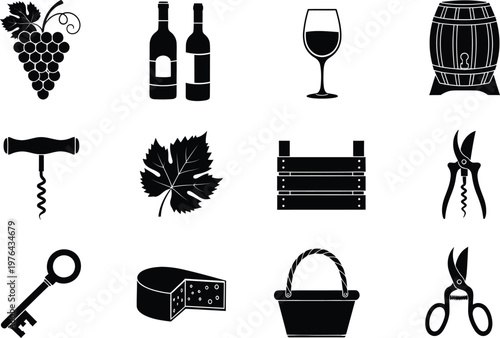 Set of wine and harvest icons in flat minimalist black and white design  