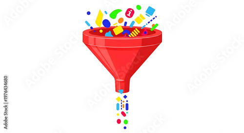 A colorful vector graphic of a funnel with various shapes and objects flowing out of it