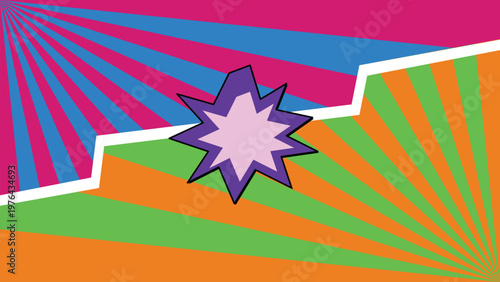 Vibrant abstract background with starburst explosion effect, dynamic colorful rays radiating outwards, energetic graphic design element for impact and visual excitement
