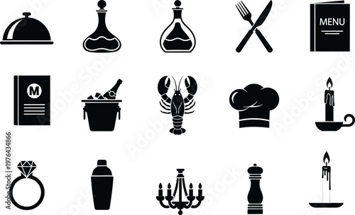 Minimalist restaurant and dining icons set on white background for menus and branding  