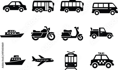 Set of black and white transportation icons for urban mobility and travel  