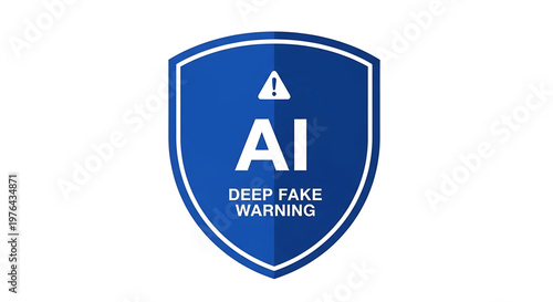 A blue shield icon with a warning sign and the text AI Deep Fake Warning