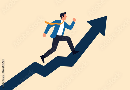 Increase business success, financial achievement, challenge or work performance, upward or rising expertise employee concept, confidence businessman ride upward rising success arrow upward direction