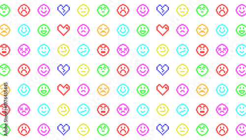 Colorful Pixel Art Emoji and Heart Pattern Background