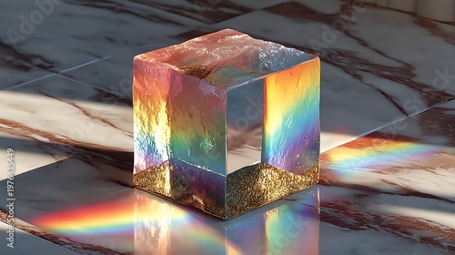 Transparent prism casting vivid rainbow streak across white stone surface modern abstract design pictures.​