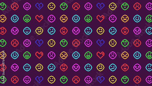 Colorful Pixel Art Emoji and Heart Pattern Background