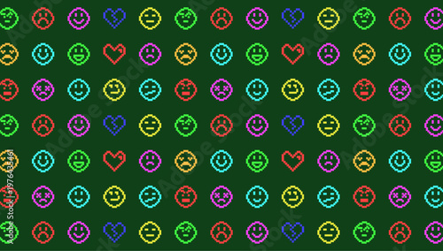 Colorful Pixel Art Emoji and Heart Pattern Background