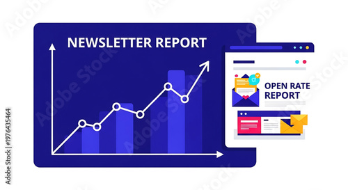 A vector graphic illustration of a newsletter report with a line graph and open rate report on a mobile device