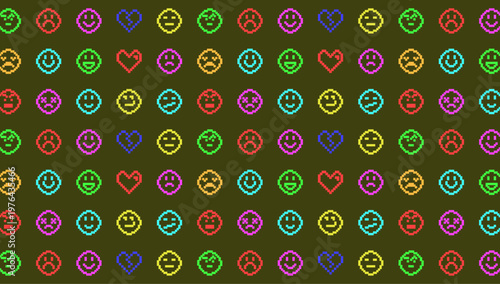 Colorful Pixel Art Emoji and Heart Pattern Background