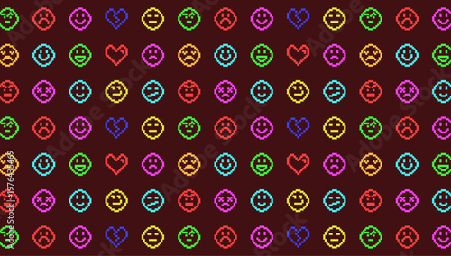 Colorful Pixel Art Emoji and Heart Pattern Background