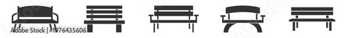 set of five black silhouette park benches vector illustration on transparent background