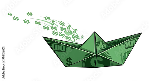 A green paper boat made of dollar bills with money floating away