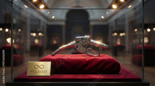 Polished chrome fuel nozzle rests on red velvet cushion inside museum display case with PRICELESS plaque. High energy costs, resource value, fossil fuel transition.