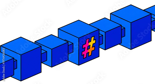 A vector graphic illustration of blue cubes in a chain with one cube featuring a colorful hashtag symbol