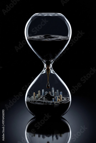 Dark liquid oil drips through glass hourglass onto miniature modern city model. oil spill metaphor, black gold economy, fuel scarcity concept.