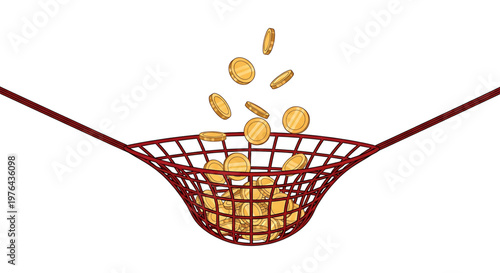 A vector graphic illustration of a red net catching gold coins on a white background