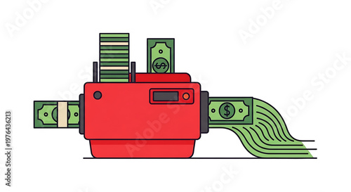 A vibrant red cash register with money flowing out of it, symbolizing financial abundance and prosperity in a modern business setting.