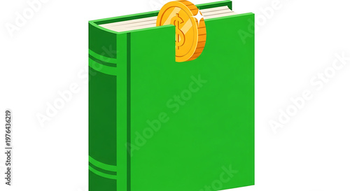 A green book with gold coins peeking out from between its pages on a white background