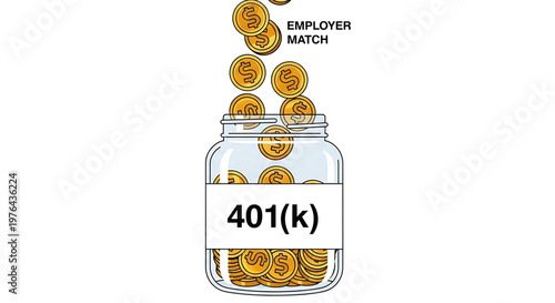 A vector graphic illustration of a glass jar labeled 401(k) with coins and employer match contributions