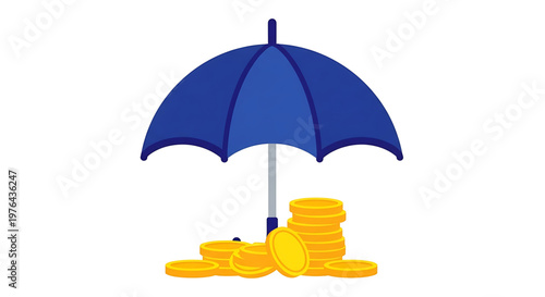 A blue umbrella protects a pile of gold coins on a white background
