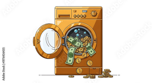 A cartoon washing machine filled with money and coins on a white background