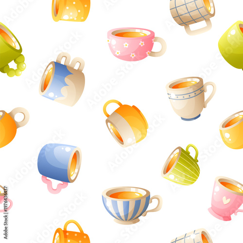 Colorful tea cups pattern modern kitchen vector style