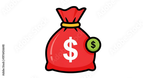 A cartoon-style vector graphic of a red money bag with a dollar sign and a coin, symbolizing wealth and finance.