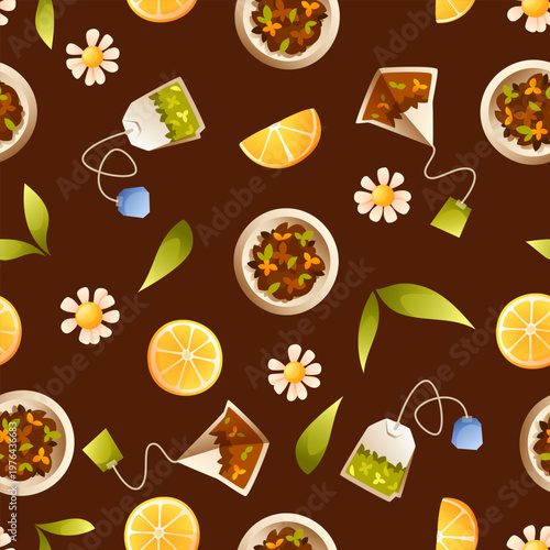Tea Mix Dark Seamless Pattern with Herbs