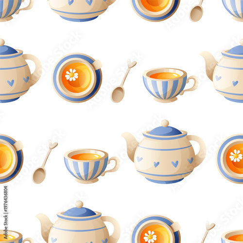 Herbal Tea Cups and Teapot Seamless Pattern