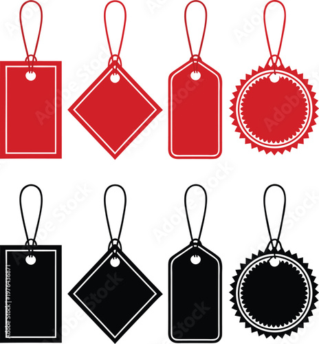 Red ribbon price tags in various shapes on white background labels