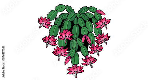 A vibrant vector illustration of a flowering plant with green leaves and pink blossoms