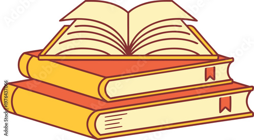 Stack of books with open textbook on and small red car open book
