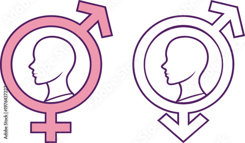 Pink and purple gender symbol head silhouettes gender symbols abstract shapes