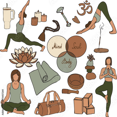 Flat vector illustration set of yoga poses and wellness accessories in earthy tones. Collection includes lotus flower, meditation elements, singing bowl, and aromatherapy icons. 