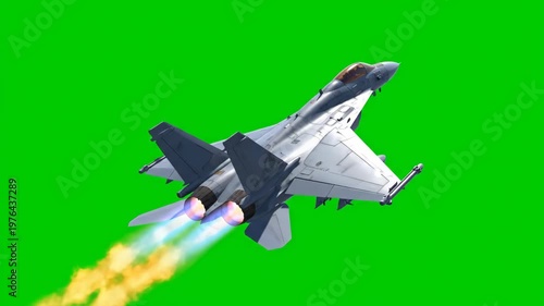 Powerful fighter jet with exhaust flames soaring through the sky on a green screen background, ready for visual effects