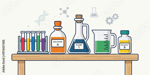 A colorful illustration of various laboratory equipment and chemicals on a wooden table
