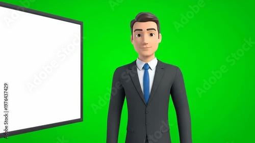 Professional businessman in a suit standing next to a blank white screen on a green background