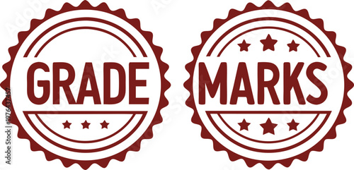 Red stamp style marks with bold letters and circular border seal badge label