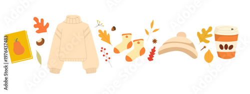 Collection of cozy autumn items including a book, sweater, socks, beanie, and takeaway coffee. Warm lifestyle composition representing comfort and relaxation during colder seasons. 