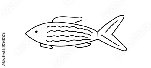 Cute whimsical fish sea or river creature outline doodle illustration, stylized marine life underwater character for poster, nursery room decor, home design, sea life concepts, decorative element
